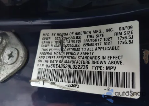 2009 Honda Cr-V Ex из США, поврежденный, VIN 5J6RE48539L032236